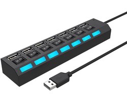 GELLDG 7-poorts USB-hub - Gamingaccessoires - Draagbare USB 2.0-hub - Met aparte LED-aan/uit-schakelaar - Geschikt voor laptops, pc's en andere USB-apparaten