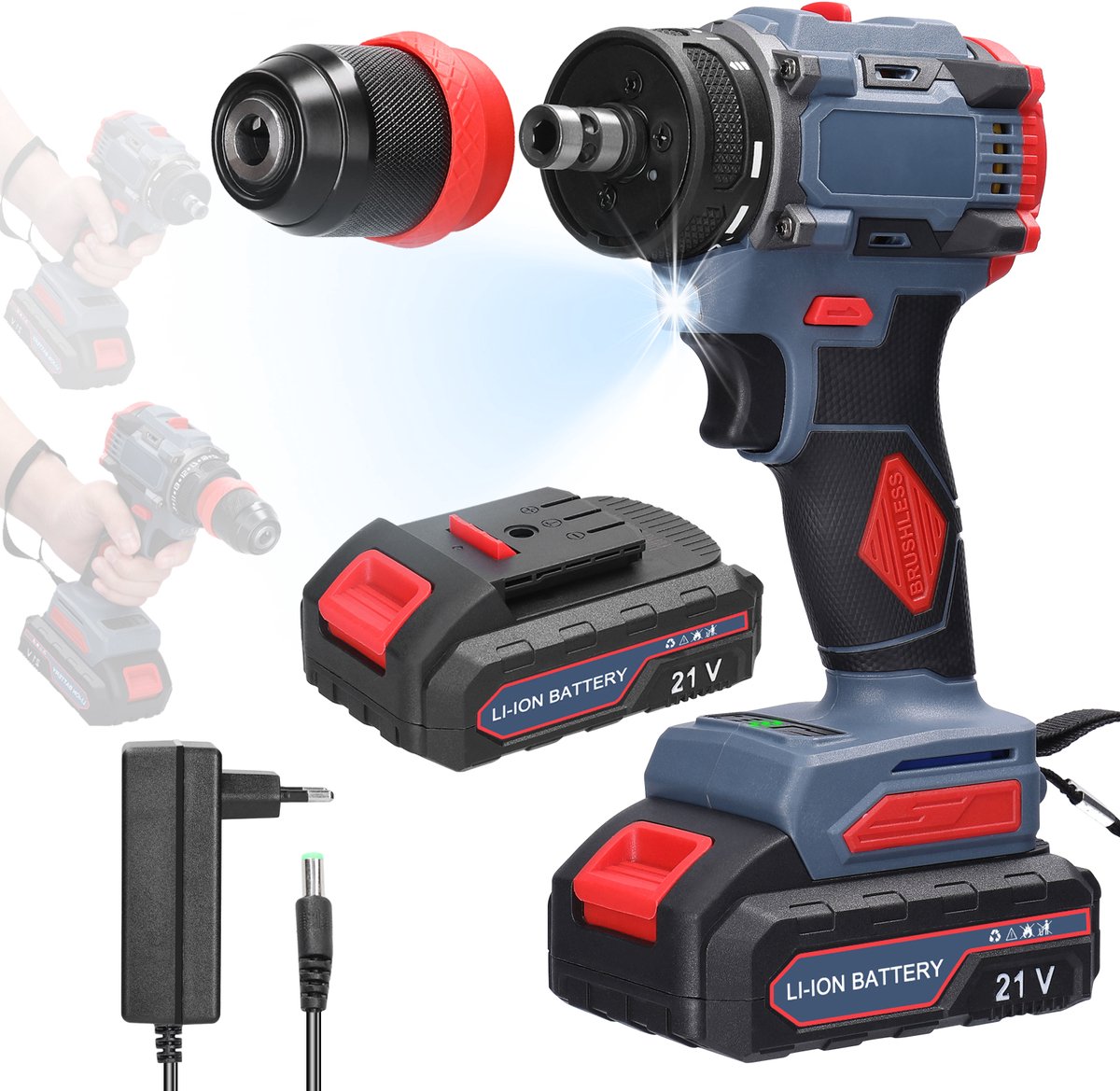 Accuboormachine – 21V – Borstelloos – 21Nm – 2 Accu’s & Lader – Draadloos Gereedschap voor Huis & Klussen