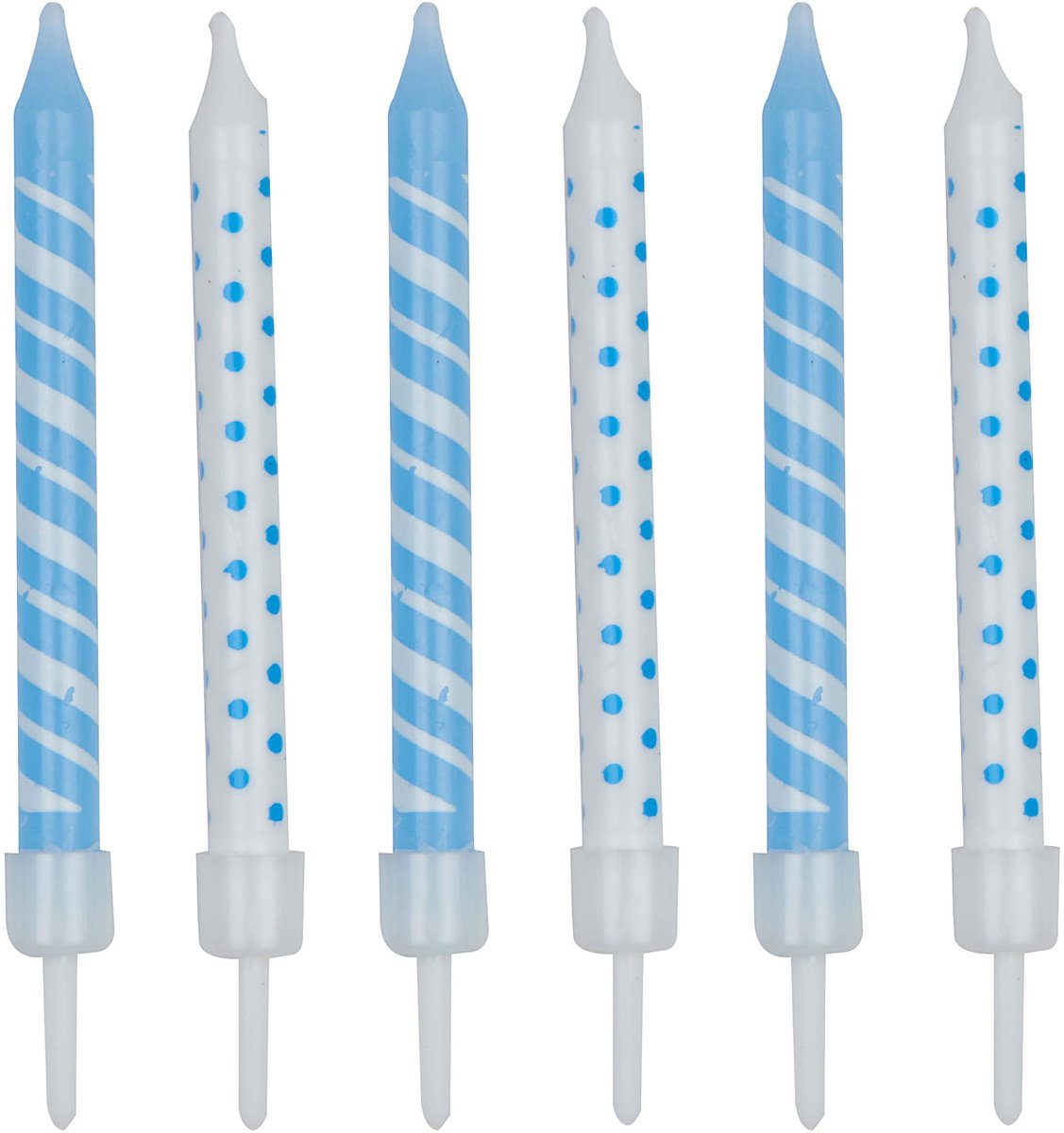 ANNIVERSARY HOUSE - 12 gestreepte en gestippelde verjaardagskaarsen wit en lichtblauw 7,5 cm met houders