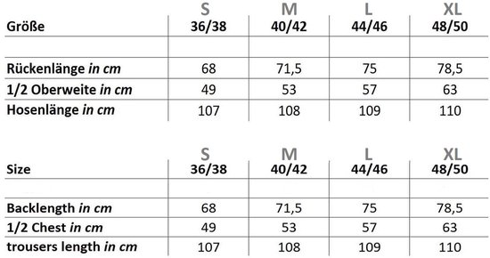 Maattabel voor pyjama's in centimeters.