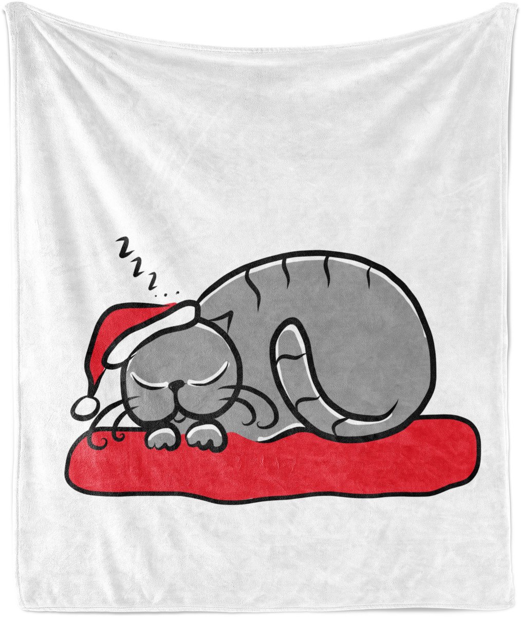 ABAKUHAUS Kerstdeken van zacht flanellen fleece, kat met kerstmuts, knusse pluche plaid, 125 x 175 cm, wit rood grijs