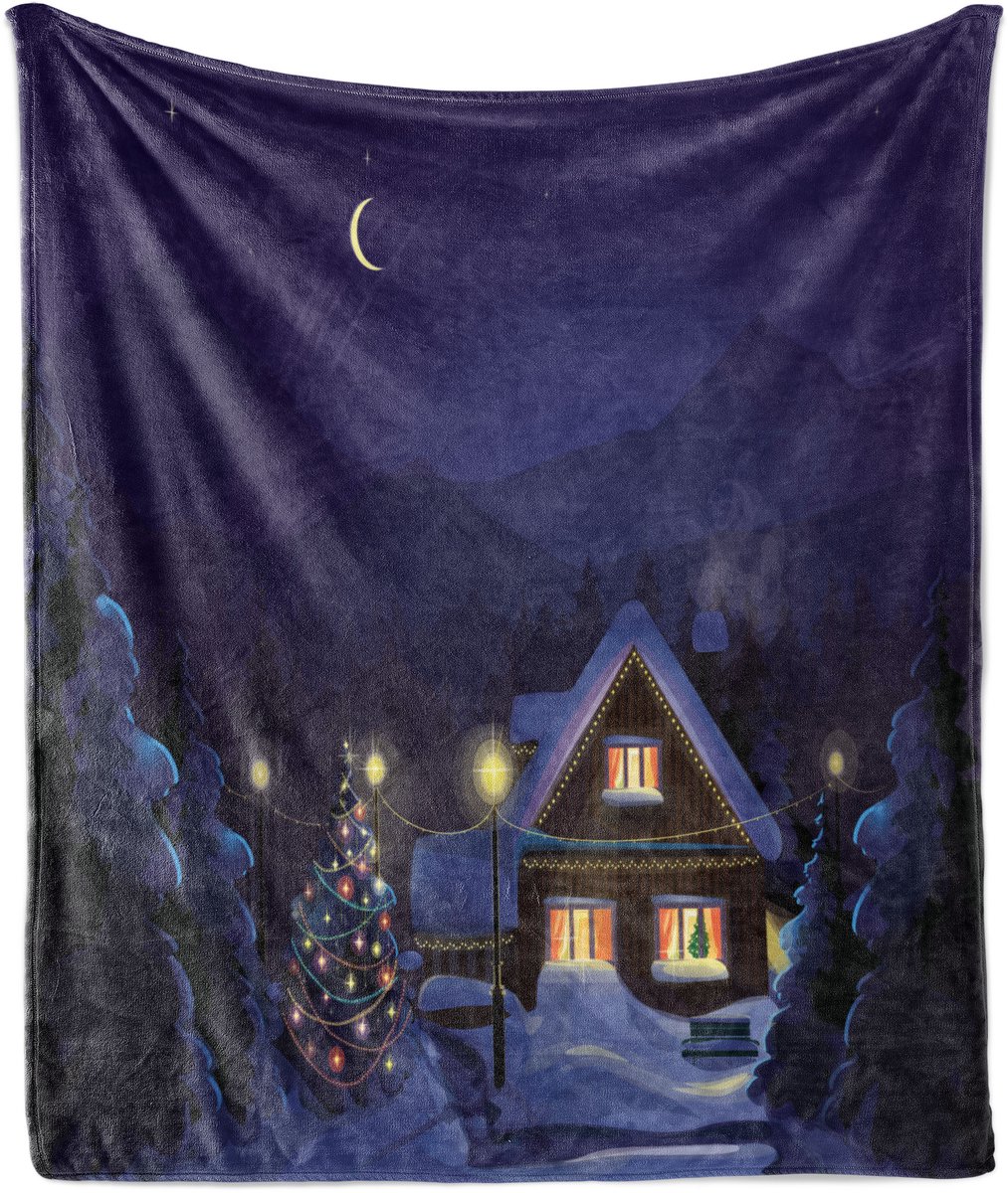 ABAKUHAUS Kerstdeken van zacht flanellen fleece, Winterhuis en kerstboom, knusse pluche plaid, 175 x 230 cm, paarsblauw