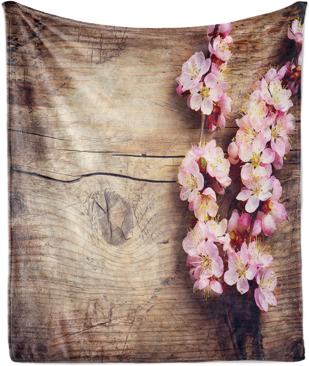 ABAKUHAUS Zachte flanellen fleece deken met bloemenprint, lentebloesem op hout, knusse pluche plaid, 125 x 175 cm, roze