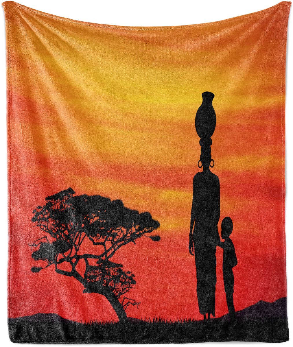 ABAKUHAUS Afrikaanse vrouw zachte flanellen fleece deken, moeder en kind, knusse pluche plaid, 175 x 230 cm, scharlakenrood, geel, zwart