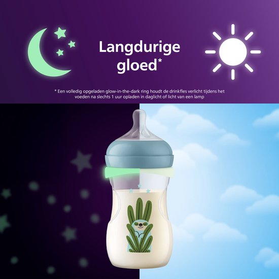 Philips Avent Natural Response Nighttime babyfles 260 ml – Flow 3 – Antikramp – Glow-in-the-dark fles - SCY903/81
