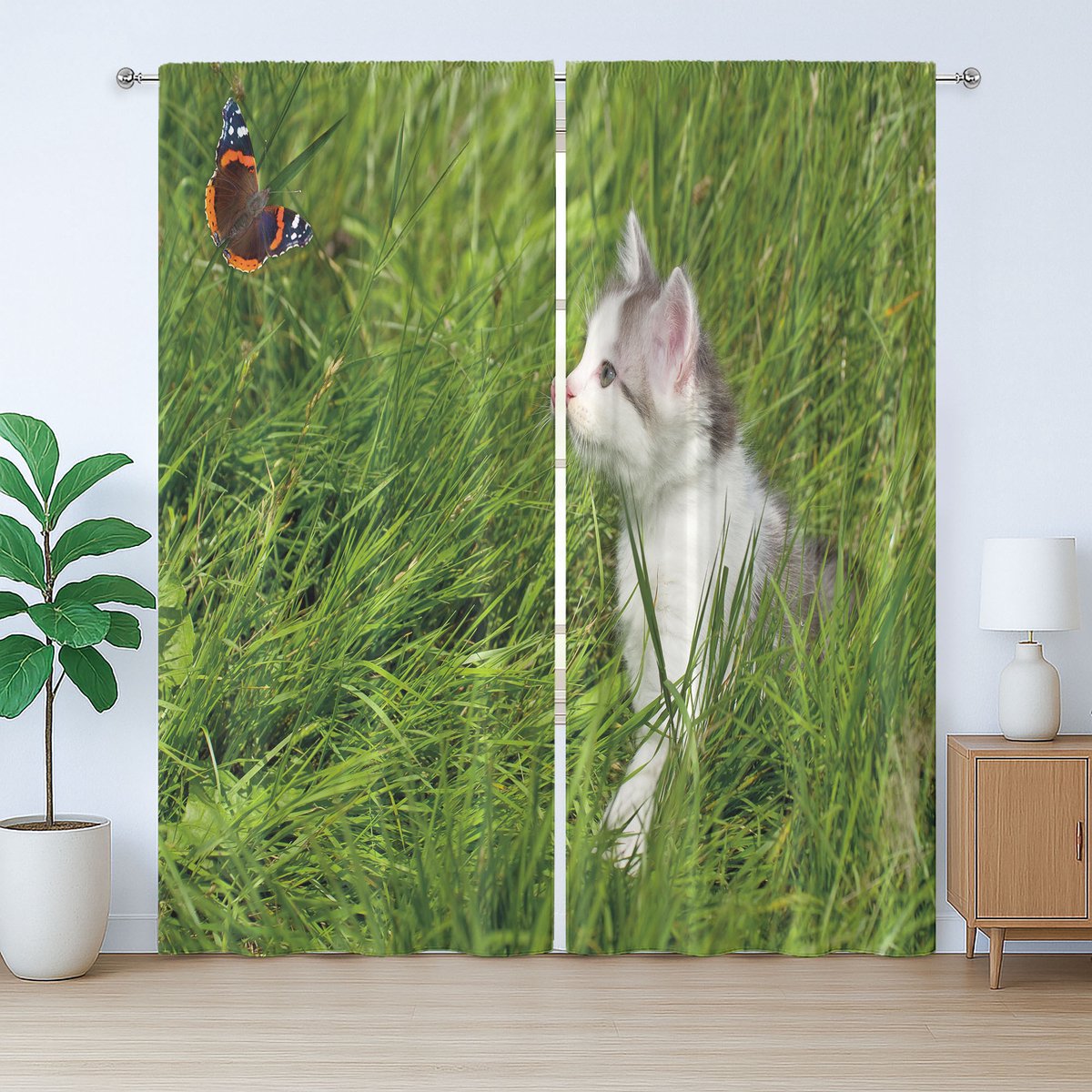 ABAKUHAUS Natuurlijk rustiek gordijn, kat en vlinder, met lussen en haken voor de woonkamer, 280 x 245 cm, groen wit grijs