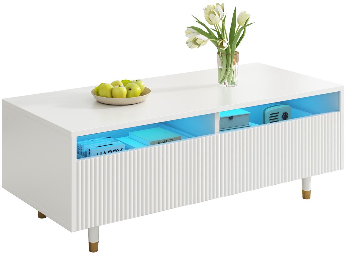 Clruro Salontafel - Met LED - Golvend Ladefront Met 2 Lades En Kleurwisselende Lichtstrip - MDF - Wit