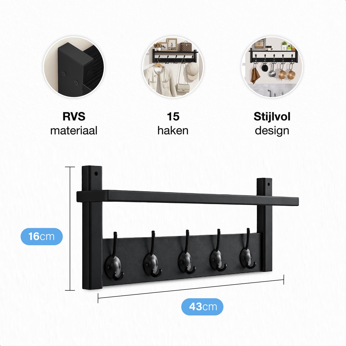 MIRA Home - Industriële Wandkapstok - Houten Plank en 6 Haken - Zwart