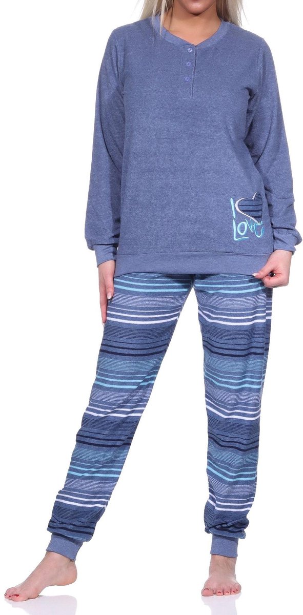 Normann Dames badstof pyjama lange mouw met manchetten - broek gestreept - ook in overmaten blau-melange
