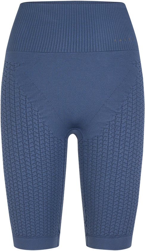 Blauwe, nauwsluitende fietsbroek met textuurpatroon en hoge geribbelde tailleband, voorkant.