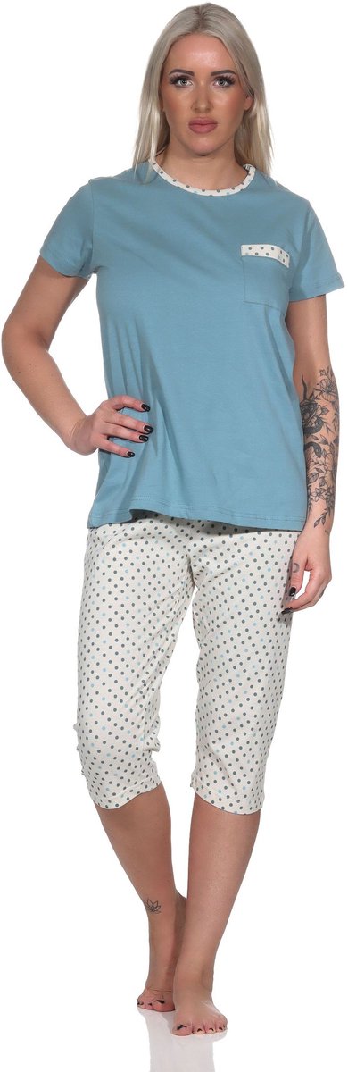 Normann damespyjama met korte mouwen en capri pyjamabroek in stippenlook blau