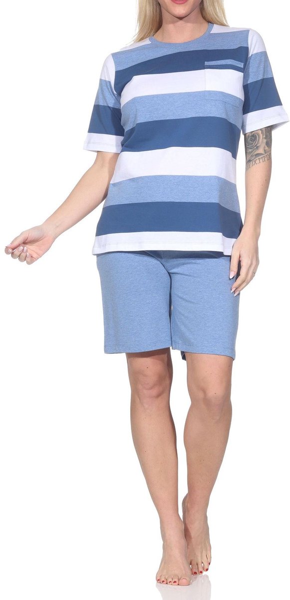 Normann Dames Capri Pyjama Korte Mouwen Blokstreep - Ook in Oversizes blau-mel.