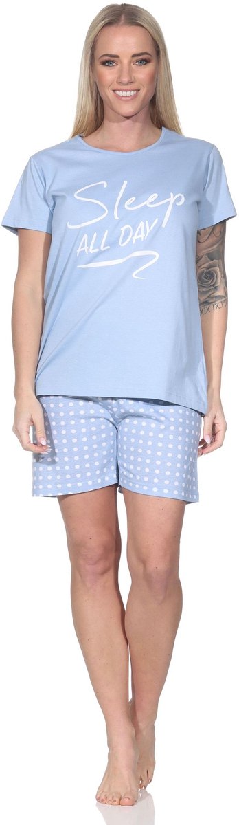 Normann damespyjama met korte mouwen en korte pyjamabroek in ruitmotief blau