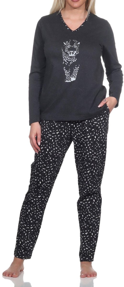 Normann dames pyjama met lange mouwen en dierenprint, broek met dierenprint anthrazit-mel.