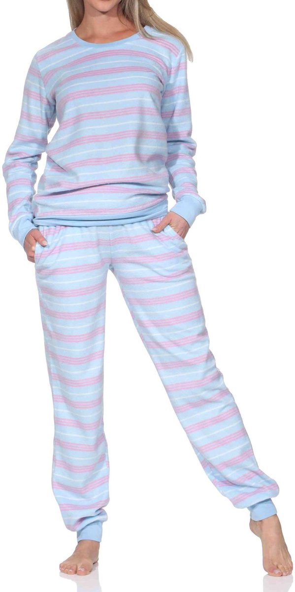 Normann fleece damespyjama met lange mouwen en manchetten in coole look hellblau
