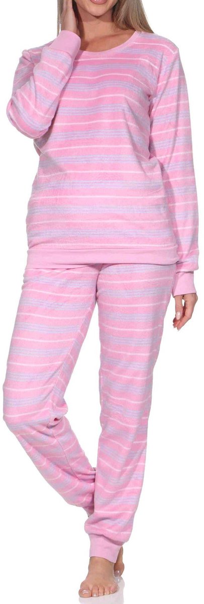 Normann fleece damespyjama met lange mouwen en manchetten in coole look pink