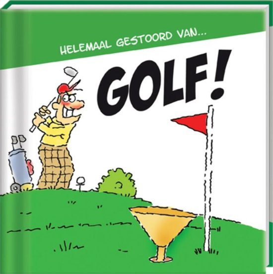 Gecartoonde golfer slaat bal bij hole-in-one met golfkar en vlag op groene achtergrond.