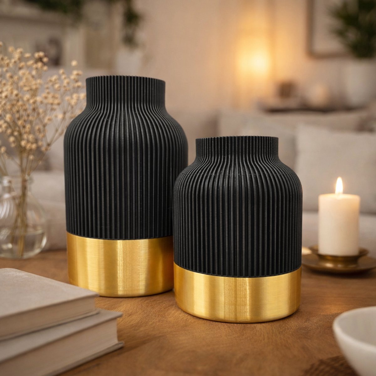 Layerzz Luxury Layerzz - 3d geprinte vaas - Royal Line 16cm - droogbloemenvaas - duurzaam - goud - handgemaakt zwart met goud