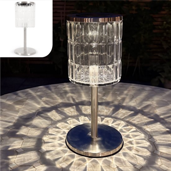 Gadgy Solar Tafellamp – Kristal Look Tuinverlichting op Zonneenergie – Draadloos – 6-8 uur brandtijd – RVS – Spat- & regenwaterdicht – Warm wit licht