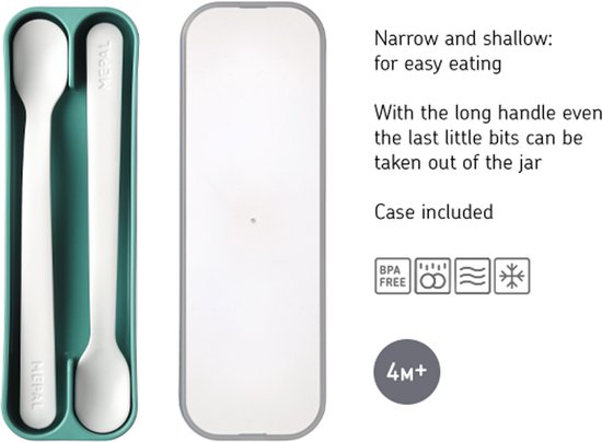 Twee witte Mepal lepels met lange steel in een turquoise doosje.