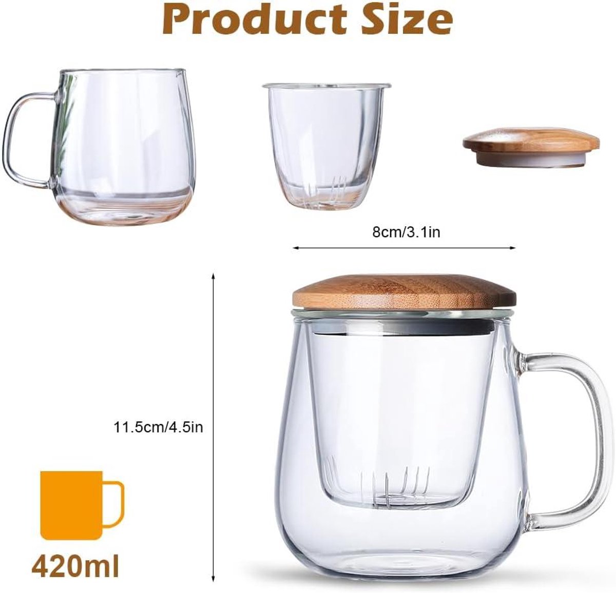 Dubbelwandige glazen theekop met roestvrijstalen zeef - 420ml - Theebeker van borosilicaatglas voor losse thee - Bloementhee - Theezakjes - Kerstgeschenk — cadeau in Kookcadeaus - foto 6