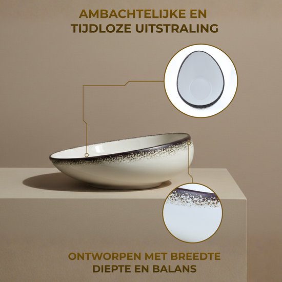 Service de table OZ HOME Bricard Royan 25 pièces Porcelaine - 6 Personnes - Blanc avec Détails Marron - Empilable - Résistant au Lave-vaisselle, Micro-ondes et Four