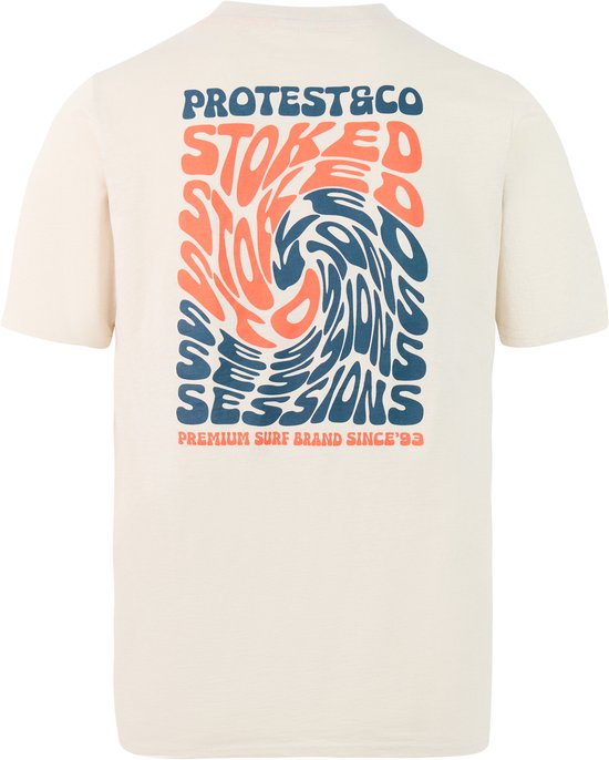 Zandkleurig t-shirt met korte mouwen en grote grafische opdruk op de rug met tekst 'PROTEST&CO STOKED SESSIONS'.