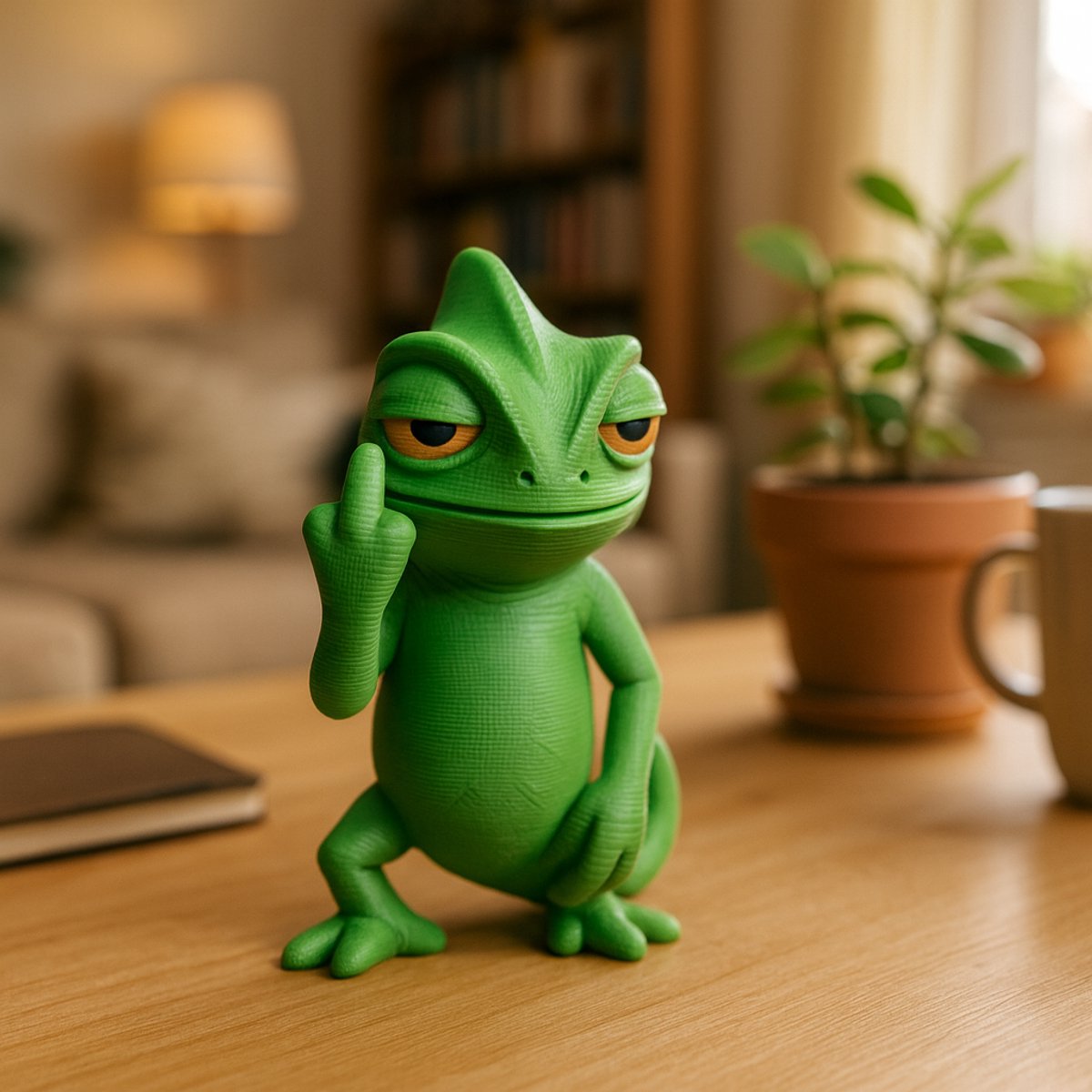 AnimalsAttitude - Groot Kameleon figuur die zijn middelvinger opsteekt – 3D-geprinte grappige groene hagedis bureau decoratie, PLA standbeeld
