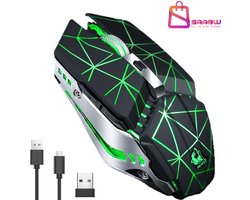 Draadloze RGB Gaming Muis Oplaadbaar USB – Ergonomische Gamer Muis met LED Verlichting en USB Ontvanger – Zwart/Groen – muis draadloos – game muis – 79646