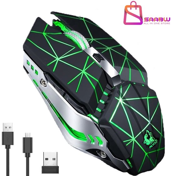 Draadloze RGB Gaming Muis Oplaadbaar USB – Ergonomische Gamer Muis met LED Verlichting en USB Ontvanger – Zwart/Groen – muis draadloos – game muis – 79646