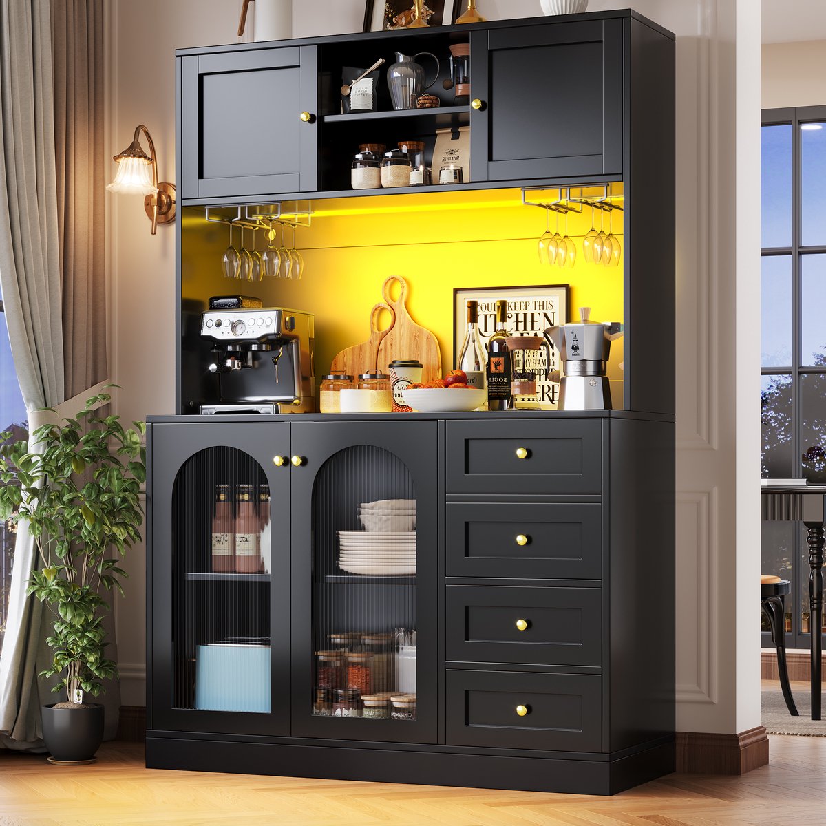 STILVORA Dressoir - Grote Opbergruimte Met Ledlicht En 4 Deuren - Voor Keuken En Woonkamer - MDF Zwart - 120x40x188 Cm