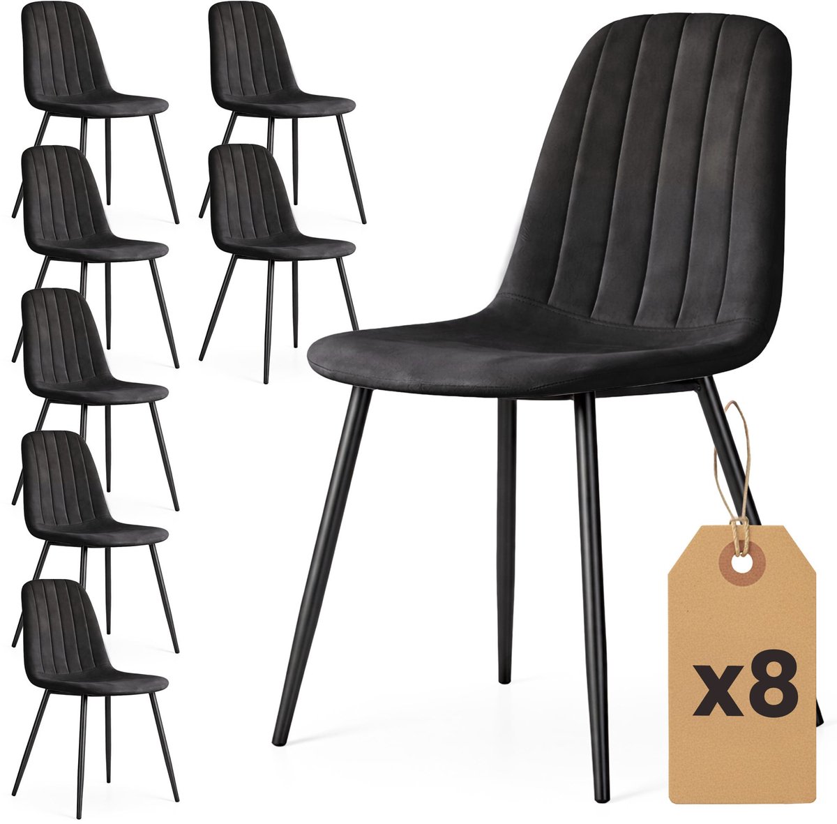 Set van 8 Eetkamerstoelen LUMO / Gestoffeerde Stoelen / Fluwelen Stoelen en Metalen Poten / Zwart met zwarte benen