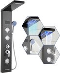 Zwart douchepaneel met regendouche, handdouche en massagejets. Close-up toont de verschillende waterfuncties met blauwe LED's.