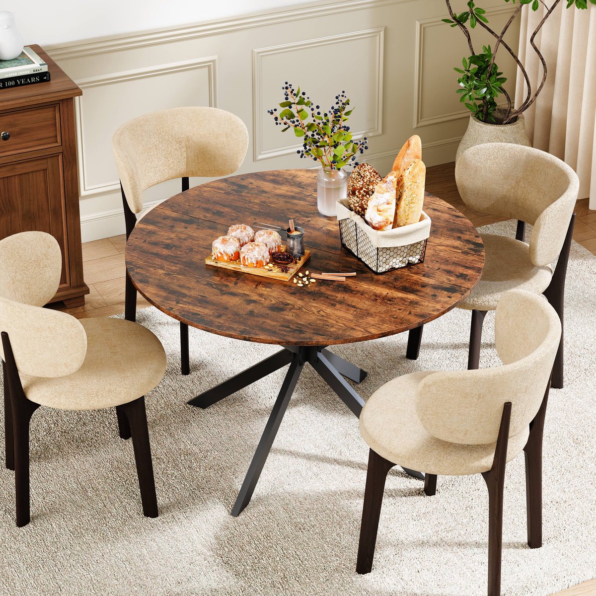 PHOEBE CAT Ronde Eettafel - Industriële stijl - Ø120 cm - X-metalen poten - Bruin