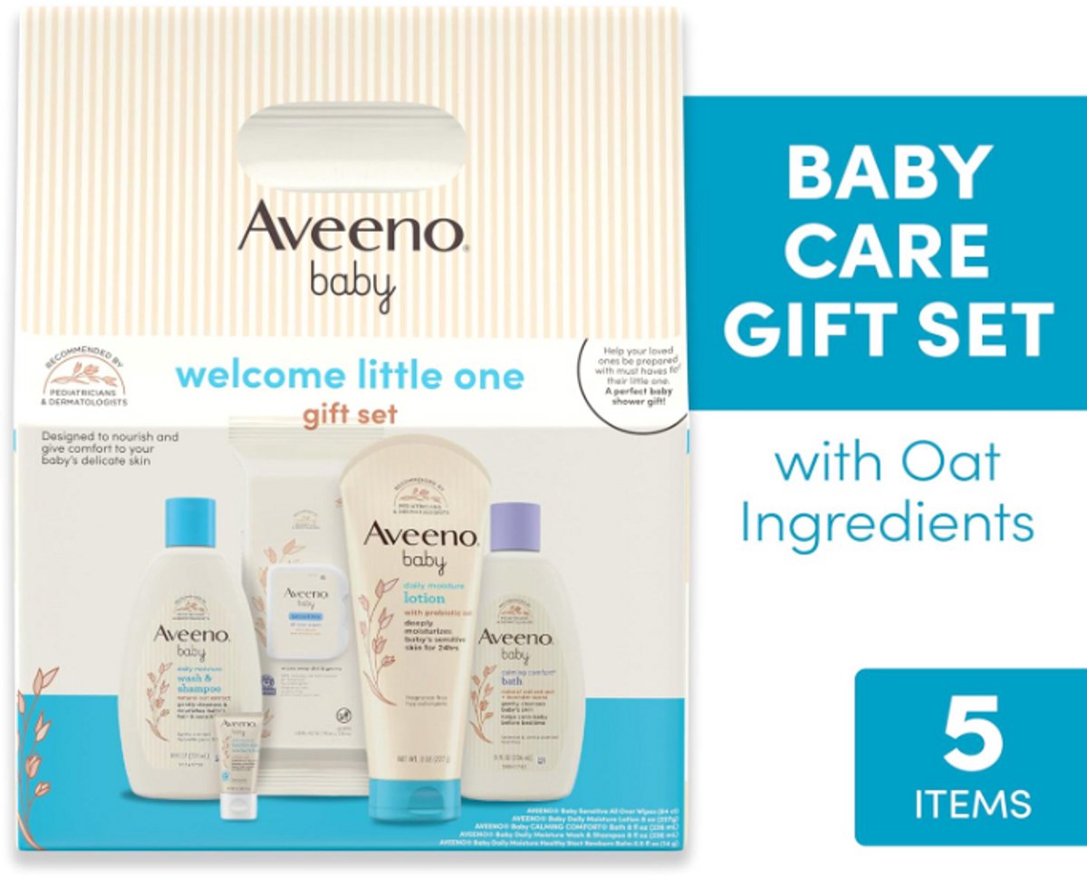 Aveeno Baby Welcome Little One Cadeauset - 5-delige Complete Verzorging voor Pasgeboren Baby | Body Wash & Shampoo, Kalmerende Badwash, Vochtige Doekjes, Dagcrème & Balsem