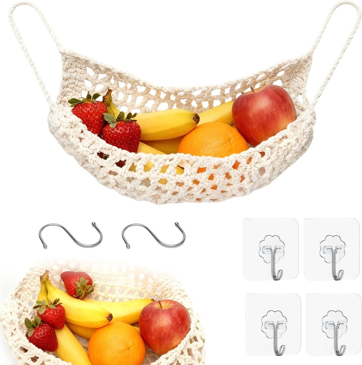 Hangende fruitmand met macramé design en 4 haken voor keuken, thuis en camper