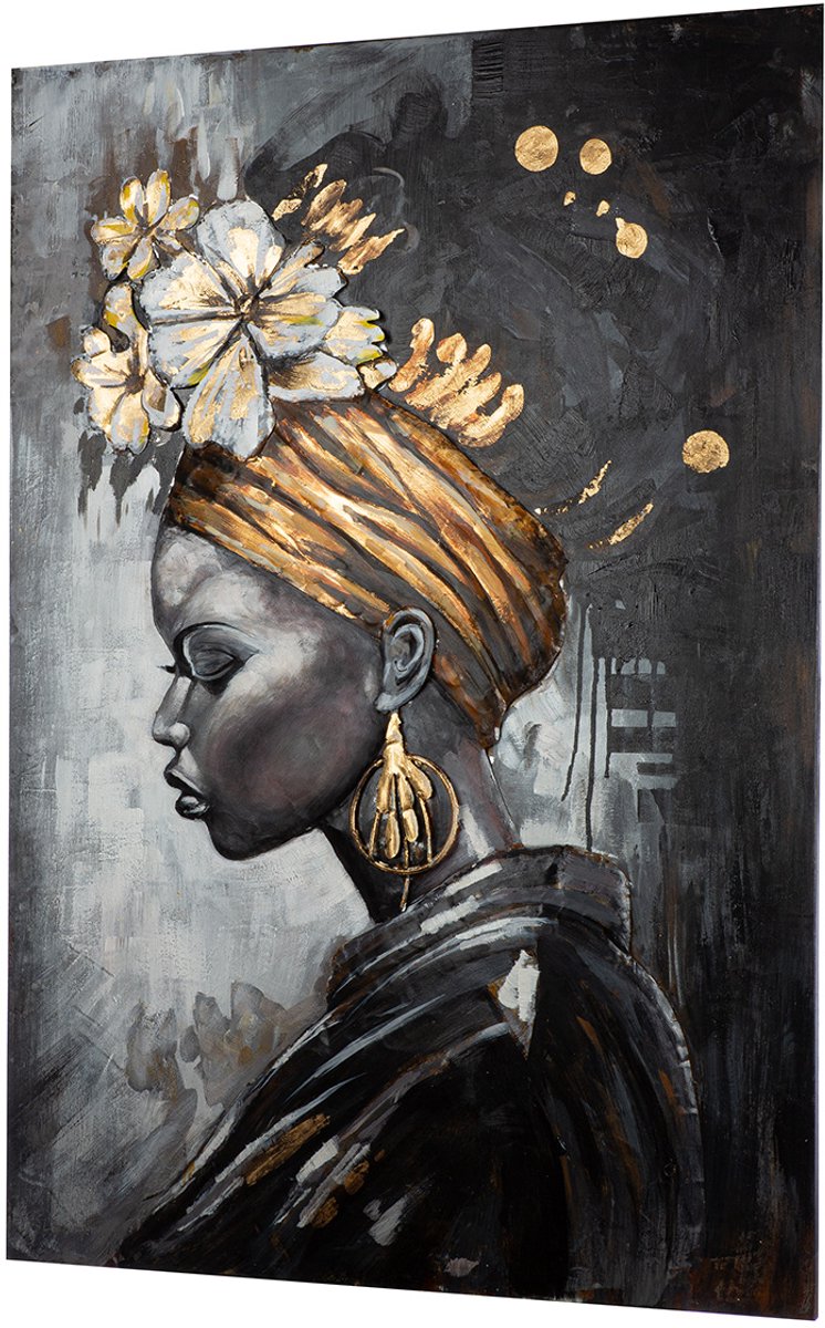 schilderij metaal Afrikaanse vrouw - 80x120 cm metaal - goud en grijs
