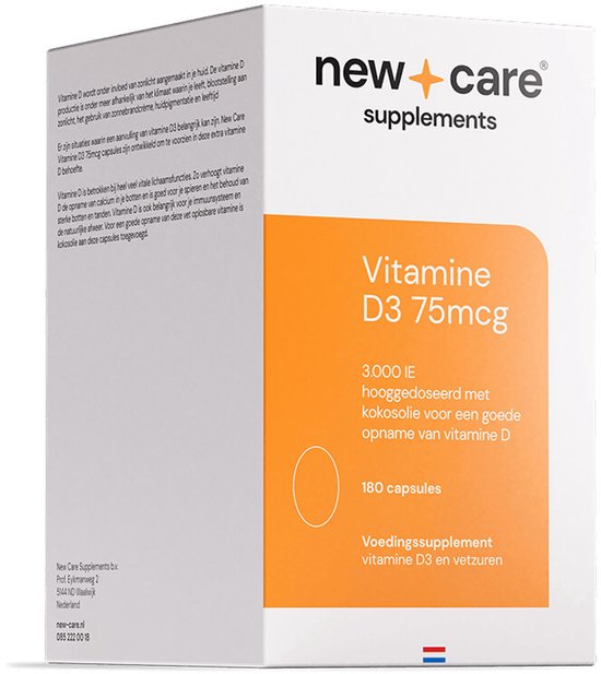 New Care Vitamine D3 75mcg, 180 capsules met kokosolie voor goede opname. Verpakking is wit met oranje vlak.