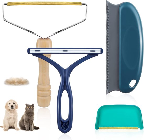Haarverwijderaar voor huisdieren - 4-delige set voor het verwijderen van katten- en hondenharen - Herbruikbaar - Draagbare tapijtborstel - Geschikt voor dekens, kleding, huisdierentorens, auto-interieurs - Blauw