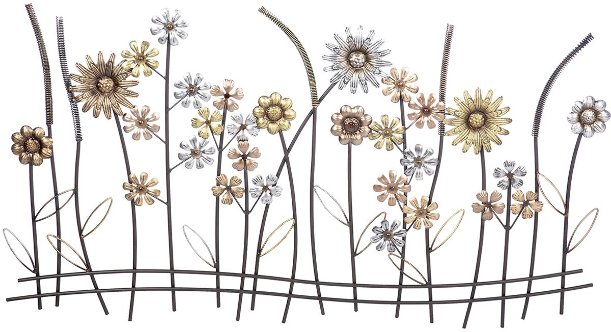 Wand reliëf bloemen - metaal koper en zilver kleur 3d bloemenveld - 2x93x52 cm voor binnen en buiten