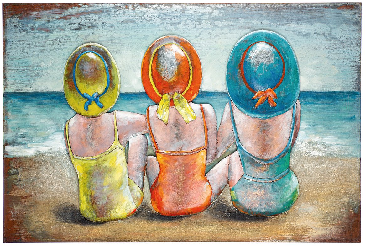 metalen schilderij strand met dames - metaal - geel oranje blauw - handgeschilderd en blank metaal 120x80 cm