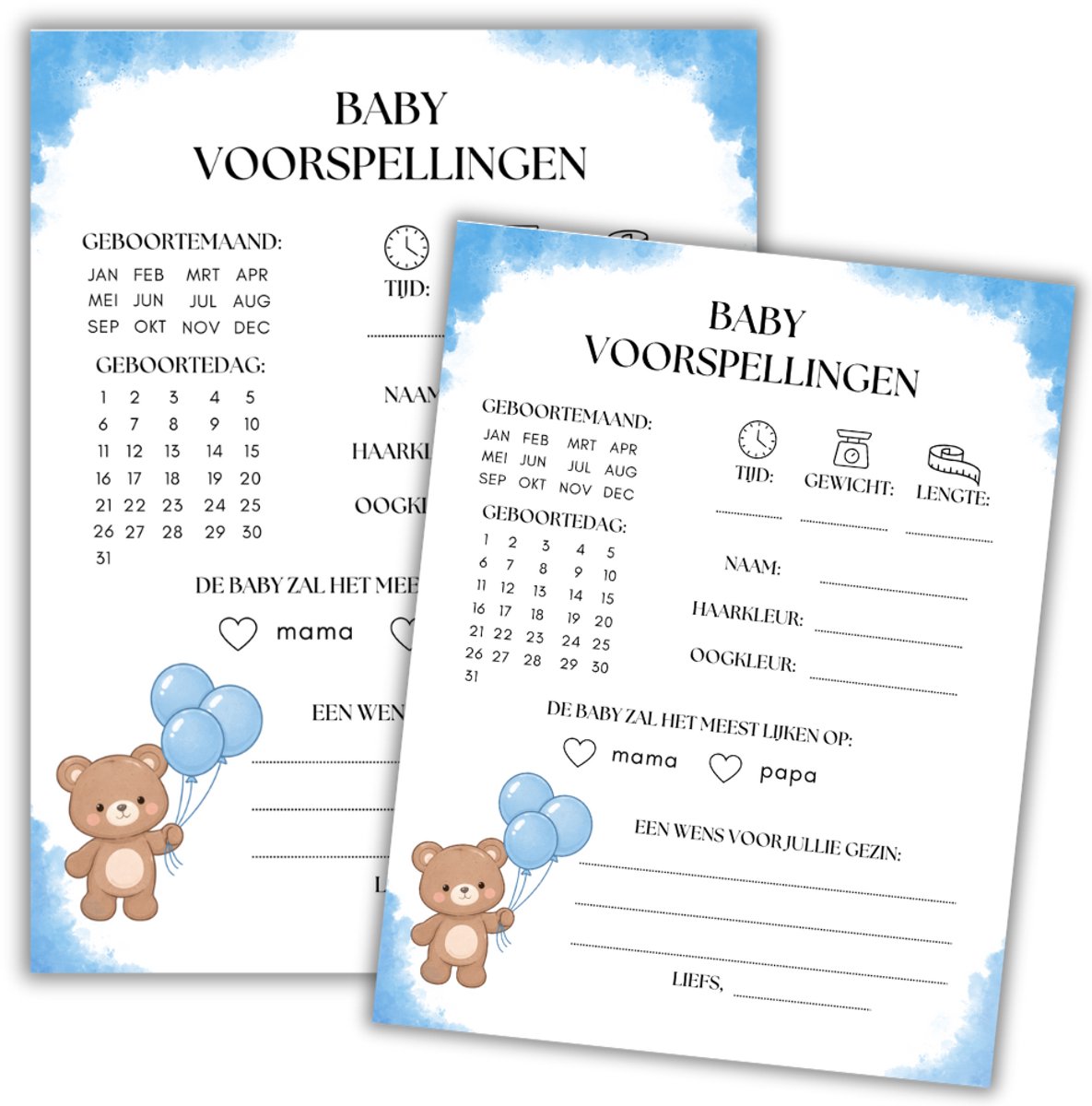 Babyshower invulkaarten - 20 Stuks Babyshower- Babyshower Spelletje - Voorspellingen Kaartjes - Babyshower beer Thema - Blauw - Jongen