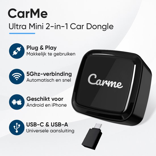 CarMe Ultra Mini 2-in-1 CarPlay Dongle - Draadloos CarPlay & Android Auto - USB-A & USB-C - Android Auto Dongle - Zwart