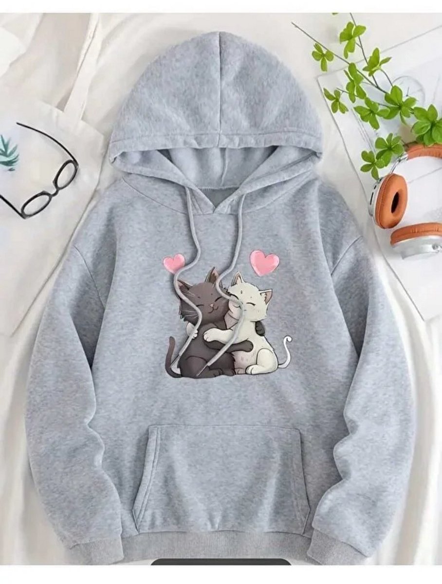 Trendy Lichtgrijze Hoodie met Schattige Knuffelende Kattenprint Comfortabele Lange Mouwen en Casual Stijl 4XL-5XL Grijs