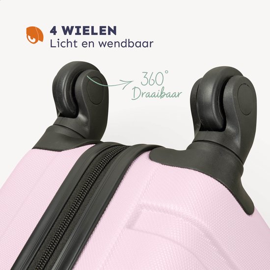 Close-up van de 4 draaibare wielen van een lichtroze koffer.