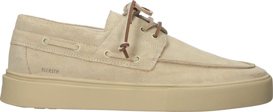 Basket Blackstone en suède beige clair avec lacets, vue de profil. La semelle est beige clair.