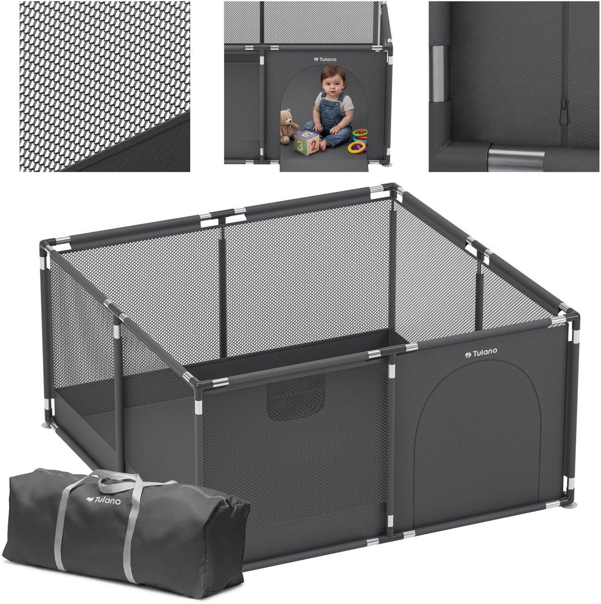 Tulano - Cozy 20 - grondbox - kinderbox – 130x130 cm – voor binnen en buiten – grafiet – ademend gaas – EN71-gecertificeerd – 6 tot 36 maanden