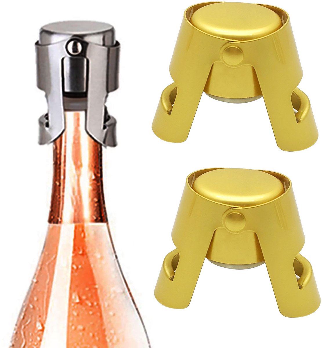 2 stuks champagnestoppers, roestvrijstalen champagneflesstopper, herbruikbare champagnestopper, lekvrij, houdt champagnekurken vers, siliconen champagneflesstopper, voor wijncollectie, bier, goudkleurig