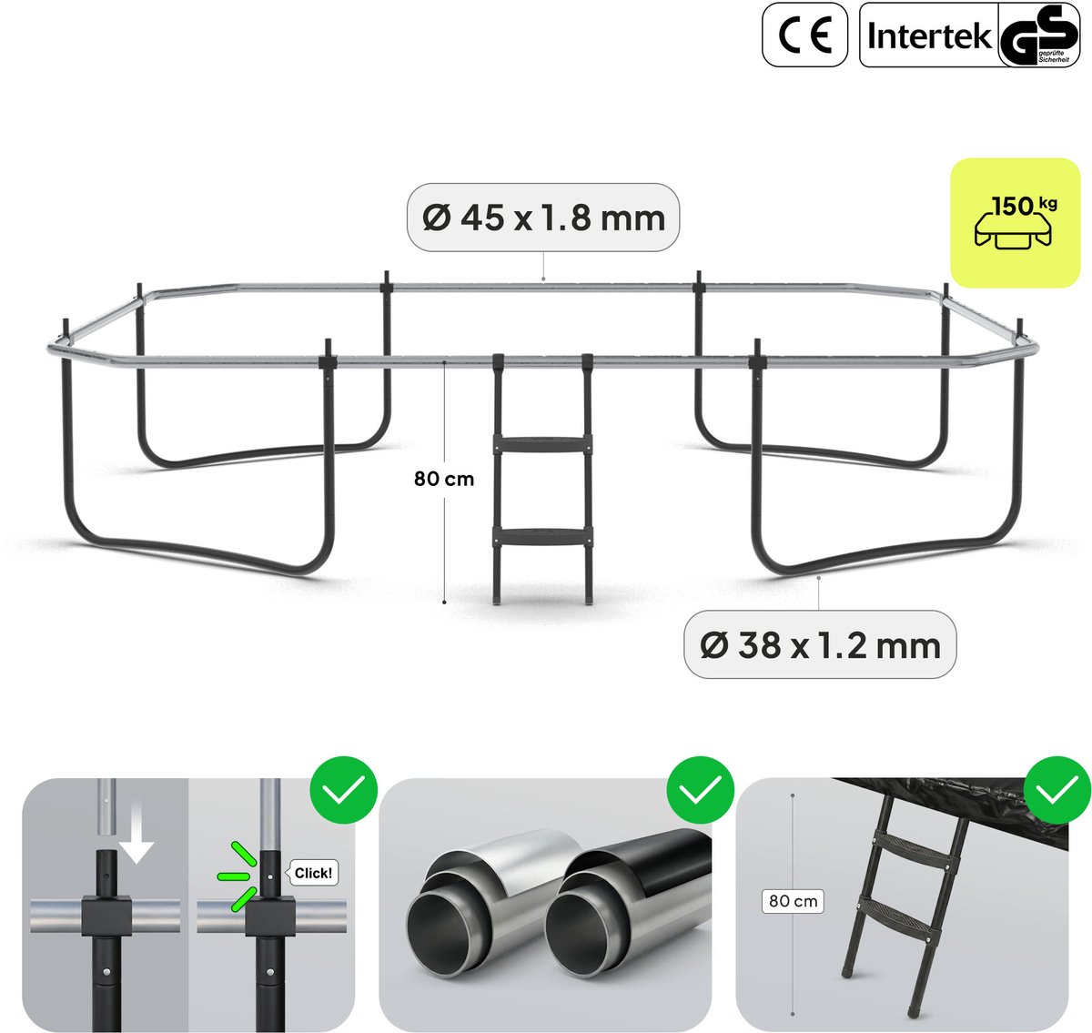 ZIPRO® JumpPro Quadro 8x12FT - Tuintrampoline - 366x244 cm - Met ladder - Max. belasting 150 kg - Dubbele sluiting - Veerbeveiliging - CROSS-SECTION-systeem - Zwart — afbeelding 9