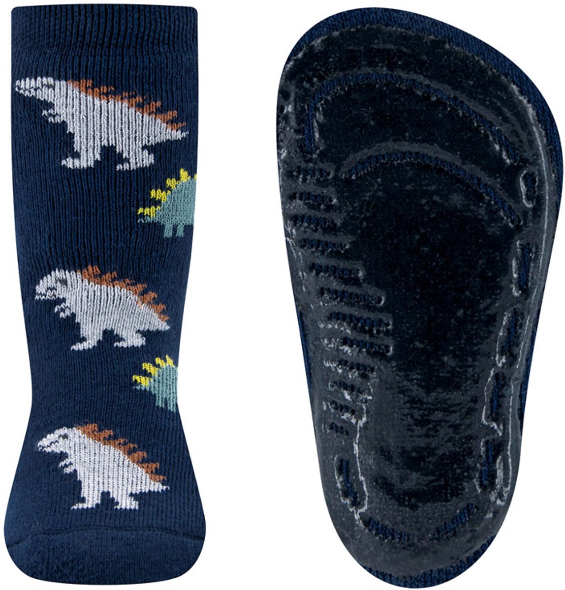 Antislipsokken Ewers Kindermaat - Donkerblauw met Dinosaurussen Grijs&Groen - Siliconenzool-